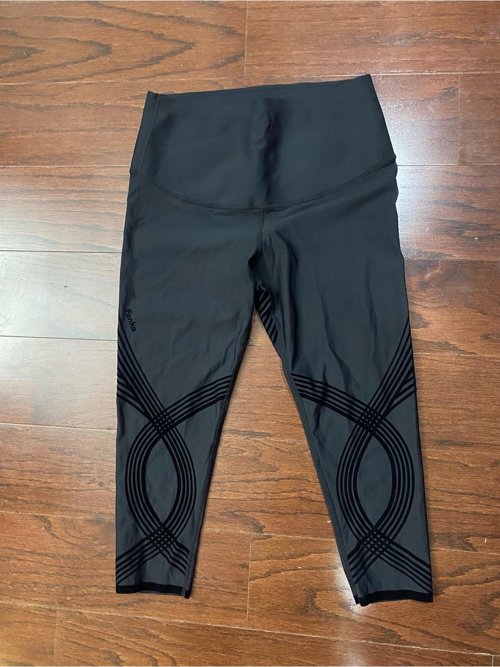 Fanka Black Geometric High Rise Ankle Leggings Women's Stretch Logo Accent